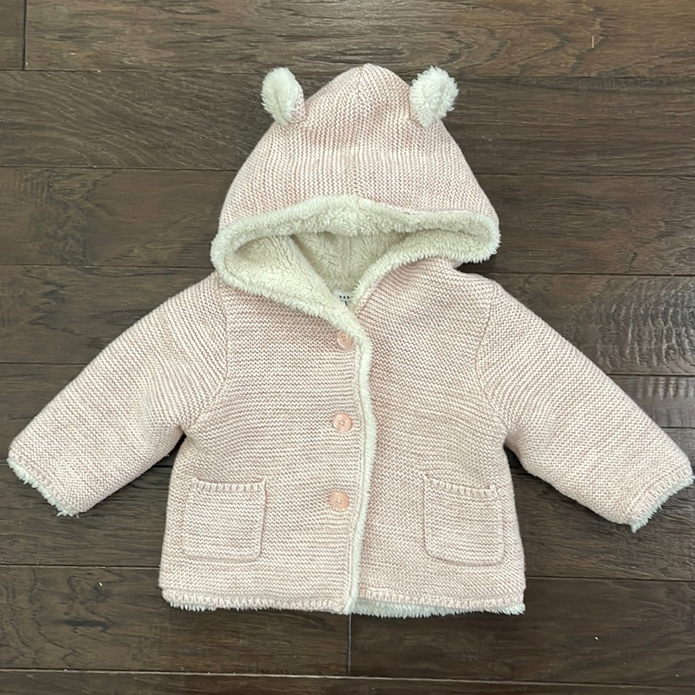 Baby Gap Pink Girl Hooded Fur Lined Sweater Jacket 3-6M